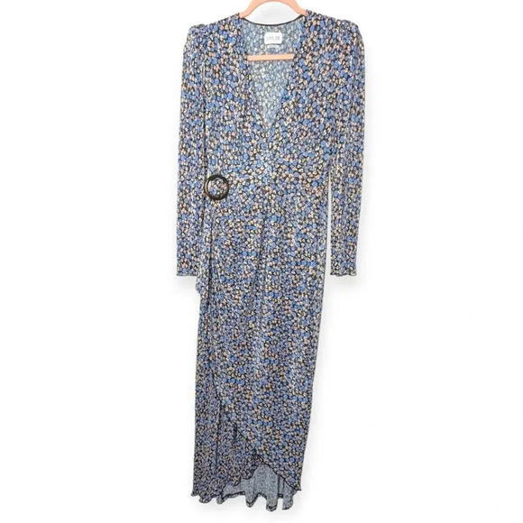 Saylor Ditsy Floral Midi Dress Blue Deep V-Neck High Slit Long Sleeves - Picture 12 of 14